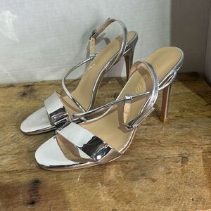 Lutalica W Womens Silver Tan Patent‎ Leather Single Strap Stiletto Heel Size 7.5